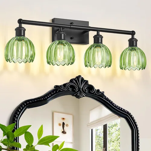 Vista 18 de Lámparas de baño vintage, 2 luces rústicas de tocador para baño, pasillo, luces de tocador de latón de 16.5 pulgadas, lámparas de tulipán