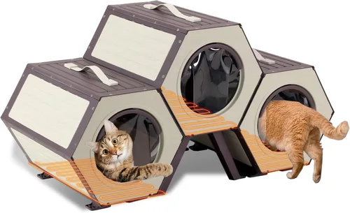 Vista 8 de Casa climatizada para gatos para invierno al aire libre, condominio combinado para gatos con temperatura y tiempo ajustables, refugio aislado