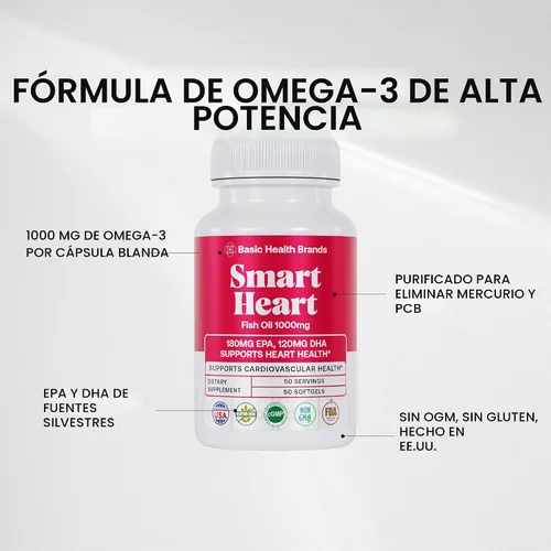 Vista 3 de Basic Brands Smart Heart Omega-3 Aceite de pescado 1000 mg – Apoya la salud del corazón, triglicéridos saludables, función cerebral y bienestar