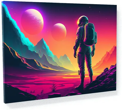 Vista 15 de Sense Canvas Synthwave Astronaut Planet 4 - Lienzo decorativo para decoración del hogar, póster pequeño de 16 x 12 pulgadas / 0.75 pulgadas