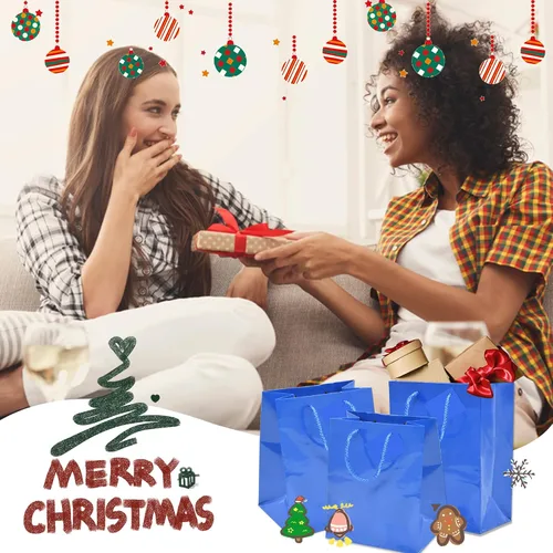 Vista 5 de FAiVICA 24 bolsas de regalo de papel azul brillante de alta calidad medianas (7 x 9 x 3.75 pulgadas), bolsas brillantes para recuerdos de fiesta