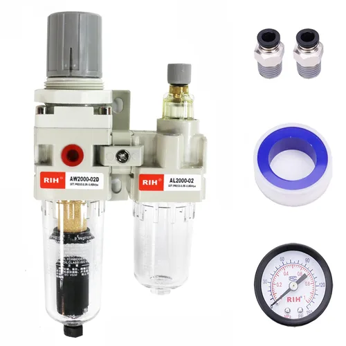 Vista 10 de RIH Pneumatics - Regulador de filtro de aire comprimido NPT de 1/2 pulgada, lubricador combinado separador de trampa de agua/aceite, calibre