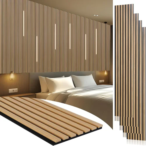 Vista 21 de Yuzzy Paneles de madera para pared y techo, paneles acústicos de listones de madera de 108 x 11 pulgadas, 2 unidades, paneles de pared modernos que