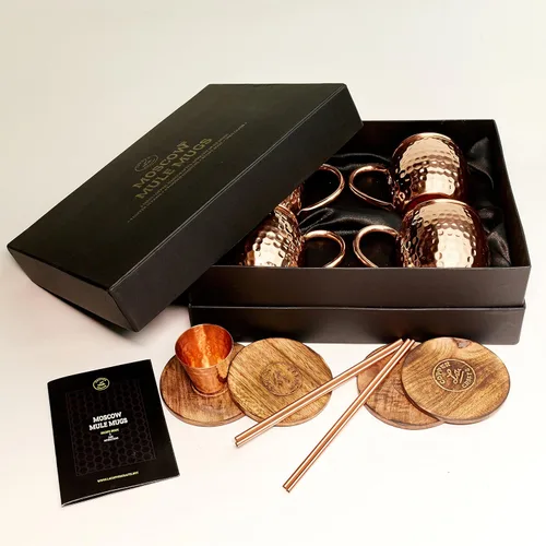 Vista 7 de Moscow Mule tazas Set, 4 Authentic Handcrafted tazas de cobre (16 oz. Cada uno) con 2 onzas Shot vidrio, 4 pajitas, mango madera Posavasos y libro