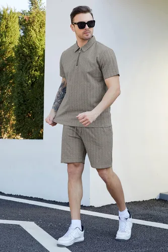 Vista 3 de Wangdo Conjunto deportivo de 2 piezas de camisa polo y pantalones cortos para hombre, trajes de verano casuales de manga corta con cremallera