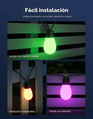 Vista 7 de Govee Guirnalda de luces S14 para exteriores, luces inteligentes RGBIC de 48 pies de color blanco cálido con 15 bombillas LED, 111 modos de escena