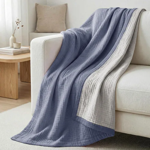 Vista 5 de Manta de gasa de algodón puro suave de 4 capas de 50 x 60 pulgadas, prelavada, sin flecos, manta de muselina ligera para uso multiusos y regalo Azul