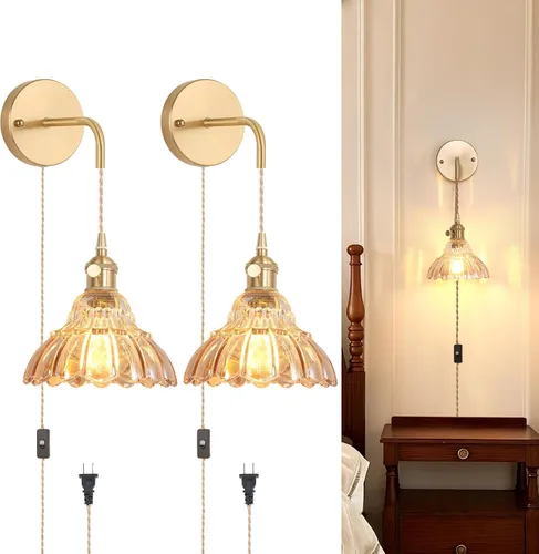 Vista 31 de Shenmoyl - Aplique de pared que funciona con pilas, lámparas de pared vintage recargables con pantalla de vidrio de lirio verde, lámpara de pared