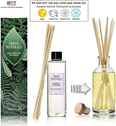 Vista 8 de Urban Naturals Recambio de aceite difusor de varillas ámbar y lavanda, lavanda relajante, ámbar cálido, aroma calmante para habitación, 4 onzas +