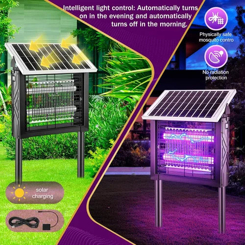 Vista 5 de 2 piezas de exterminador solar de insectos para exteriores con panel giratorio, 3000 V eléctrico matamoscas impermeable, 200 W de doble tubo