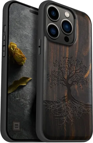 Vista 15 de Carveit Funda magnética de madera para iPhone 14 Pro, madera natural y TPU suave negro, funda protectora a prueba de golpes, funda de madera única