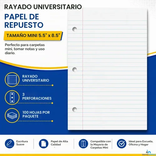 Vista 2 de 1InTheOffice Papel de relleno con rayas universitarias de 5.5 x 8.5 pulgadas, color blanco, 100 hojas/paquete