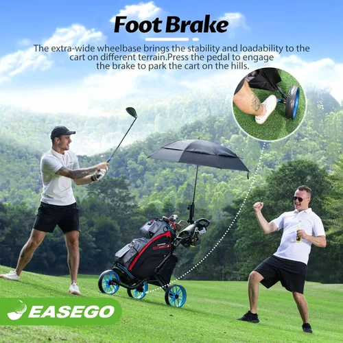 Vista 5 de EASEGO Carrito de golf con 3 ruedas: carrito plegable para bolsa de golf con soporte para teléfono/taza/paraguas, carritos de golf compactos