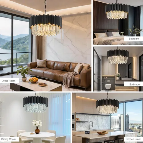 Vista 6 de Candelabro de cristal negro de 20 pulgadas, K9, luces colgantes redondas, ajustables, de 4 niveles, gran lámpara de cristal moderna, 6 luces