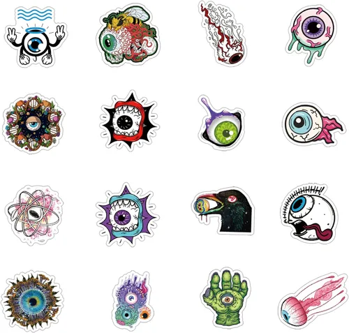 Vista 2 de Paquete de 64 calcomanías de globo ocular genial, calcomanías de vinilo de terror de terror de Halloween, calcomanías impermeables para botella