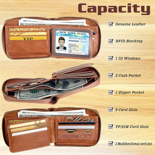 Vista 35 de Admetus - Cartera de piel auténtica para hombre con cremallera, plegable