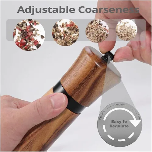 Vista 7 de Steel Ring Pepper Grinder,Manual Acacia Wood Mill,Multi Use Seasoning Bottle,Ceramic Core,BBQ Tool Shaker Sets (10in Set With Base)