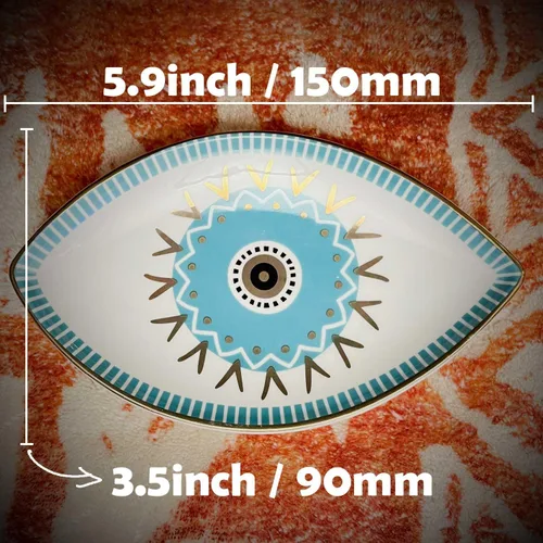 Vista 6 de Exquisita bandeja pequeña de cerámica para joyas, plato de baratija, decoración de mal de ojo, soporte para anillos de placa dorada, artículos