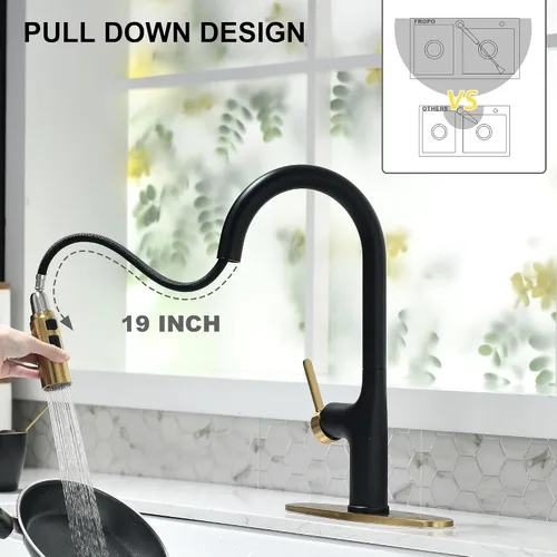 Vista 5 de Grifos de cocina, grifo de cocina negro y dorado con rociador extraíble, grifo de fregadero de cocina de acero inoxidable de arco alto, grifo