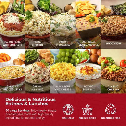 Vista 7 de Almacenamiento de alimentos de supervivencia, 60 porciones grandes, surtido de comidas liofilizadas, 18 libras, kit de suministro de preparación