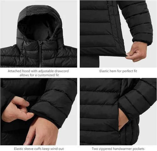 Vista 4 de Chaqueta ligera acolchada con capucha para hombre, resistente al agua, con cremallera completa, con aislamiento térmico, abrigos de invierno cálidos