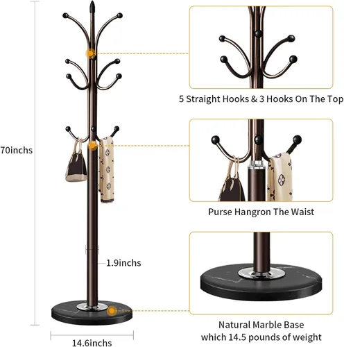 Vista 5 de Perchero de metal con base de mármol natural, perchero independiente, árbol de pasillo resistente con 12 ganchos para colgar ropa, bolsos, bufandas