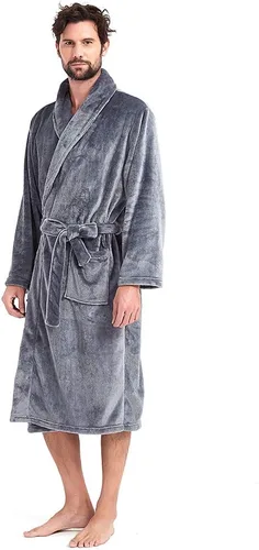 Vista 3 de HOLOVE Bata de baño con capucha de forro polar para hombre, cuello de chal, suave, cálida, de manga larga