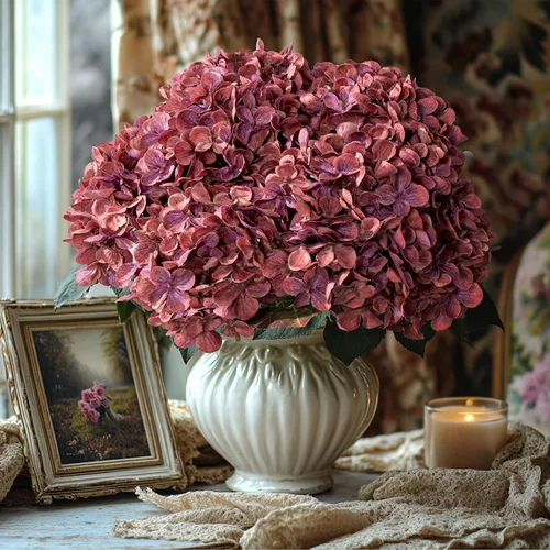 Vista 12 de Flores Artificiales Cabezas de Hortensias de Seda Falsa Ramo con Tallos al Por Mayor para Decoración de Otoño Centro de Mesa Navidad Interior Azul