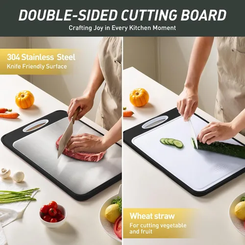 Vista 3 de Tabla de cortar de acero inoxidable 2 en 1 con mango para cortar las mejores tablas de cortar no tóxicas Tablas de cortar de 2 caras para cocina