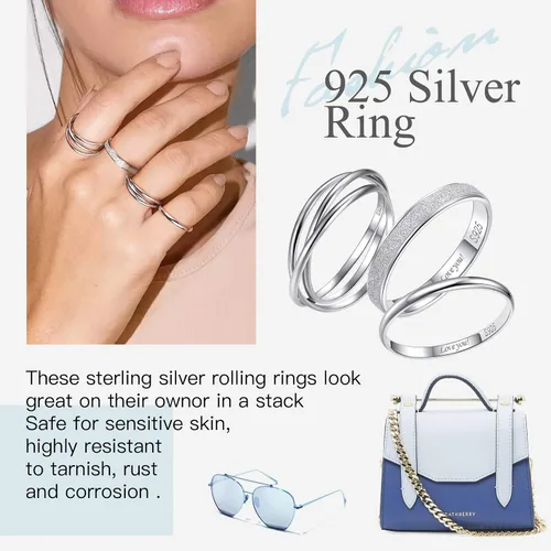 Vista 3 de Suplight Hypoallergenic 925 Sterling Silver Interlocked Rolling Rings 2mm3mm5mm Simple Plain Stardust Band Rings for Women Men Size 4 to 12 with