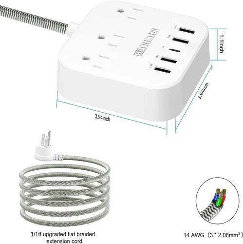 Vista 4 de Regleta de alimentación, protector de sobretensiones HITRENDS con 3 tomas, 4 puertos USB y 1 puerto tipo C (5V/3A), enchufe plano en ángulo, cable