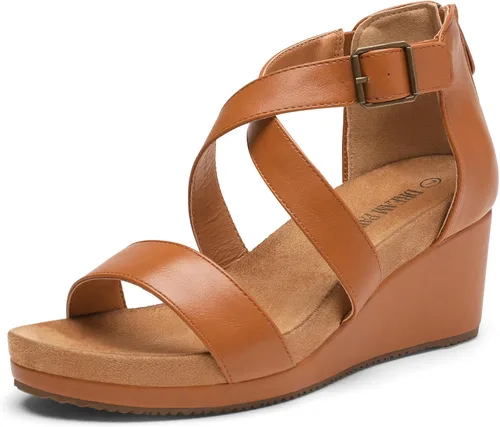 Vista 8 de Dream Pairs - Sandalias con plataforma de cuña para mujer, con punta abierta y correa para el tobillo con hebilla, para el verano Beige