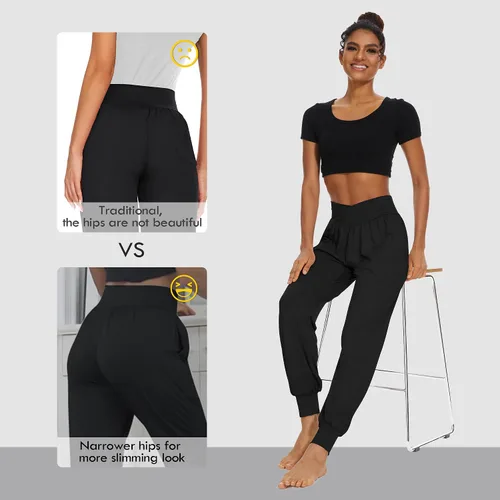 Vista 4 de SICVEK Pantalones deportivos de cintura alta para mujer, pantalones holgados cruzados, suaves, cómodos, pantalones de yoga con bolsillos