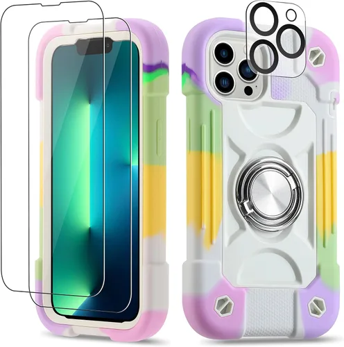 Vista 109 de Funda para iPhone 11 de 6.1 pulgadas con soporte de anillo, con 2 protectores de pantalla de vidrio, resistente a los golpes, resistente a