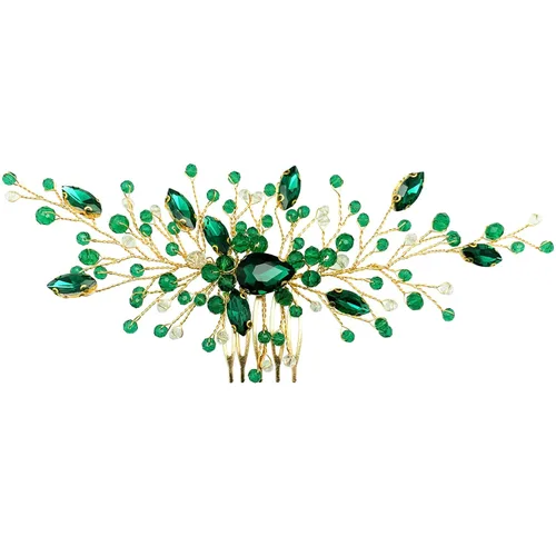 Vista 3 de Peine de pelo de novia de cristal verde dorado para novia, accesorios para mujeres y niñas, fotografía de fiesta (verde)
