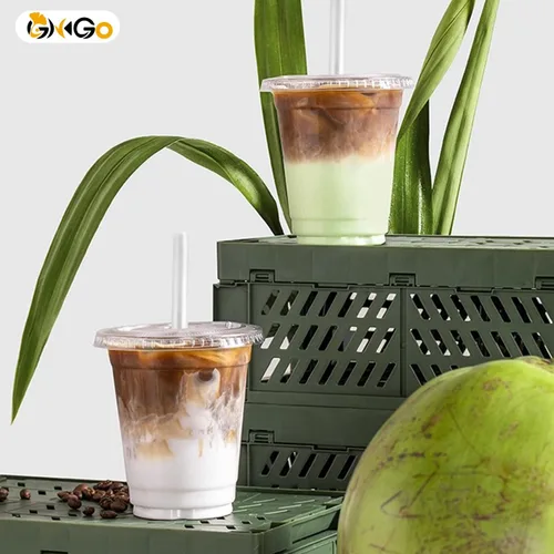 Vista 2 de Ginkgo Paquete de 100 tazas de plástico de 12 onzas con tapas y popotes, tazas de café desechables transparentes para llevar, tazas de café helado
