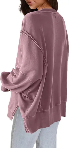 Vista 3 de Blusas y camisas con botones, sudadera de gran tamaño con cuello redondo y color liso, con abertura lateral, manga larga