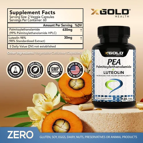 Vista 2 de Palmitoiletanolamida 630 mg + luteolina estandarizada 98% - Guisante micronizado 99% altamente purificado y biodisponible - Hecho en Estados Unidos