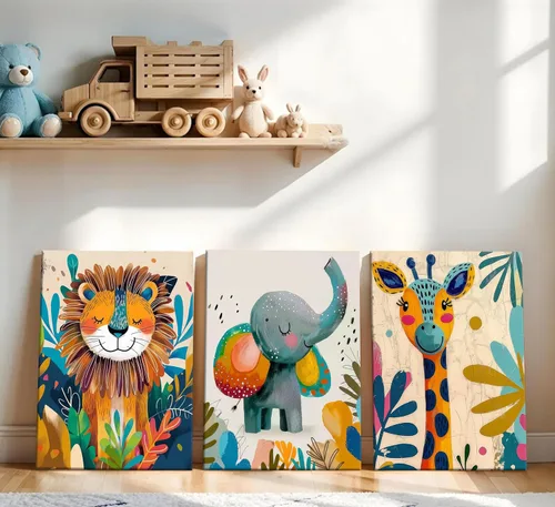 Vista 2 de 3 piezas de lienzo de animales de safari para guardería, arte de pared, lindo elefante acuarela, jirafa, león, decoración de pared, coloridos Póster
