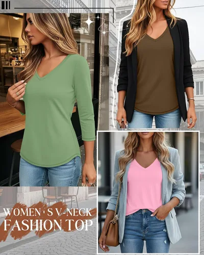Vista 2 de Ficerd Paquete de 3 camisetas de manga 3/4 para mujer, cuello en V, blusas holgadas, blusas casuales, ropa de moda 2026