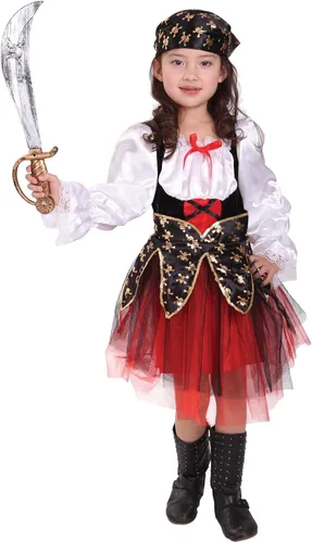 Vista 2 de Vestido pirata para niños, niñas, disfraz de Halloween, vestido midi de encaje de manga larga, chaleco de fiesta, club, cinturón de cintura, gorro