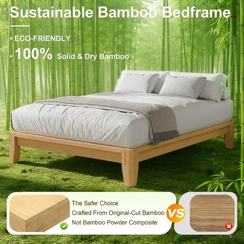 Vista 5 de Marco de cama de bambú sólido completo, marco de cama de plataforma de carpintería japonesa (natural) Instalación rápida sin herramientas