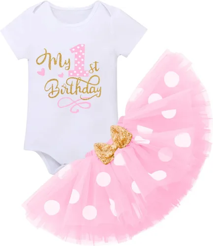 Vista 4 de IBTOM CASTLE Vestido de 1er cumpleaños para niñas con diseño de pastel y falda tutú de lunares, sandalias descalzas para fotografía