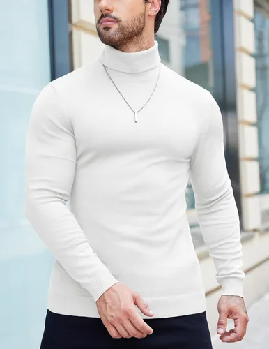 Vista 3 de COOFANDY Suéter de cuello alto ajustado para hombre, casual, básico, de manga larga, suéter de punto