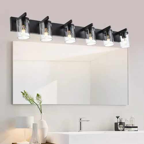 Vista 17 de BONLICHT Lámpara de pared de níquel cepillado de 2 luces con pantalla de cristal transparente, luces industriales de baño para interiores sobre