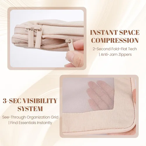 Vista 4 de Juego de bolsas organizadoras de almacenamiento transparentes, paquete de 4 cubos de embalaje de viaje con ventana, color beige, Rosado, Juego de 4