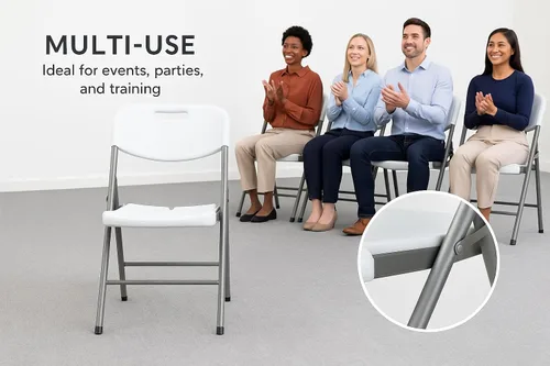 Vista 5 de BTEXPERT Silla plegable blanca con marco de acero, silla plegable comercial resistente, asiento de plástico HDPE, silla de eventos para interiores