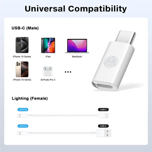 Vista 4 de Adaptador Lightning a USB C con PD35W 2 piezas, soporta carga estable PD y control de calidad y transferencia de datos, para iPhone 17/16/15 Series
