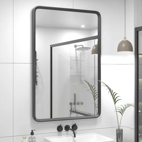 Vista 30 de Espejo rectangular con marco mate negro de 20x30 pulgadas para baño, espejo de tocador para pared de baño con esquinas redondeadas, antióxido y a
