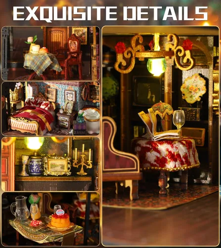 Vista 3 de Spilay Kit de Casa en Miniatura DIY, Casa de Muñecas Castillo de Edimburgo con Caja de Música y Cubierta Antipolvo, Kit de Rompecabezas de Madera 3D